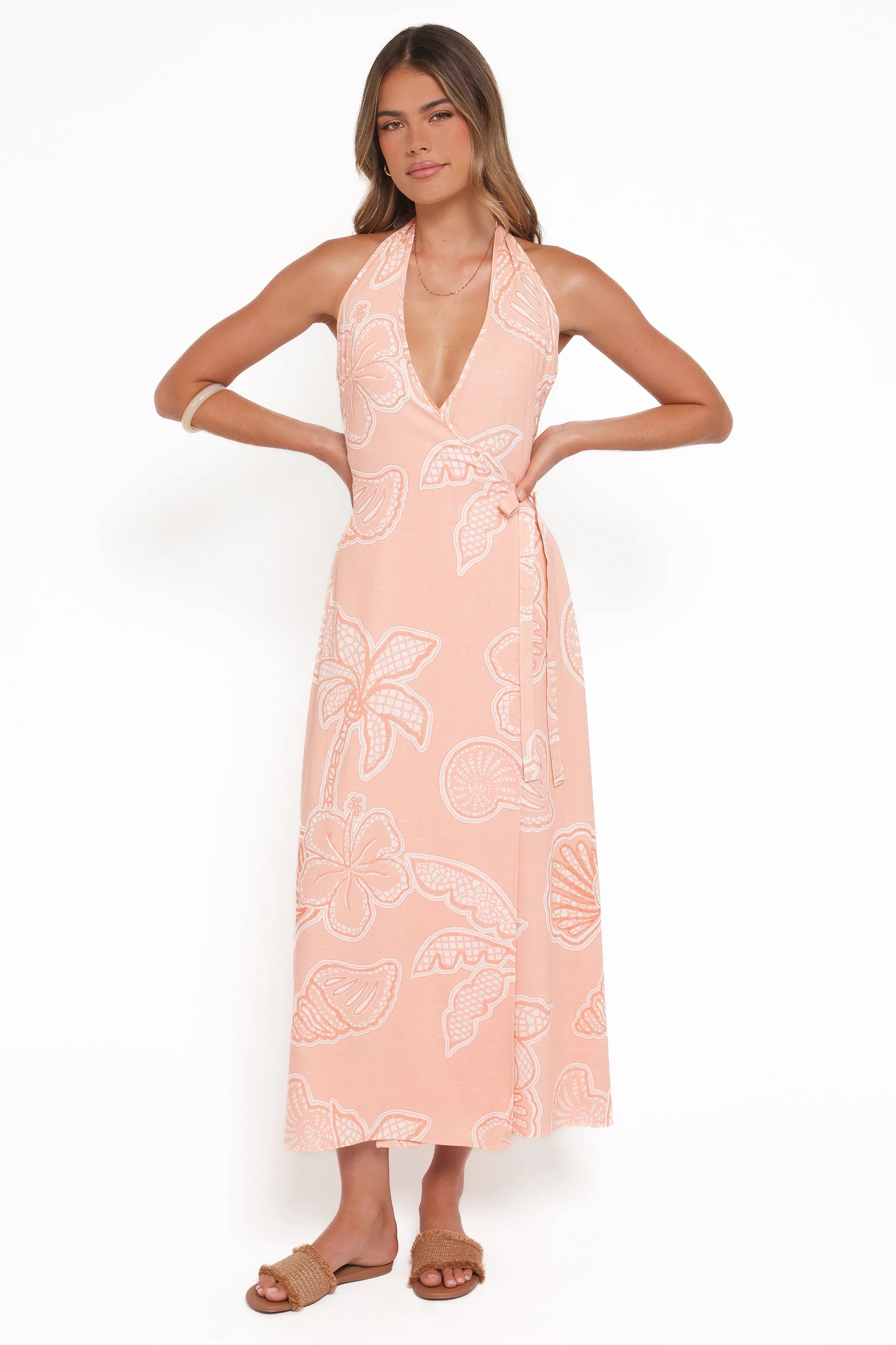 Sierra Wrap Midi Dress Peach Floral