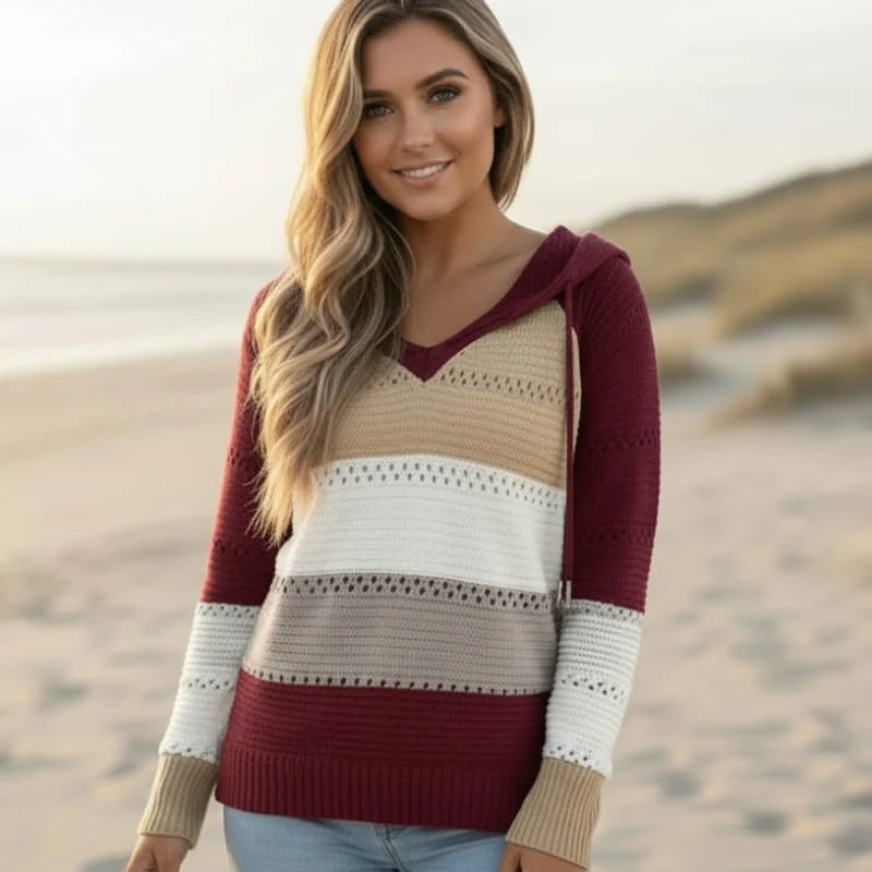 Boho Striped Hooded Knit Pullover Sweater