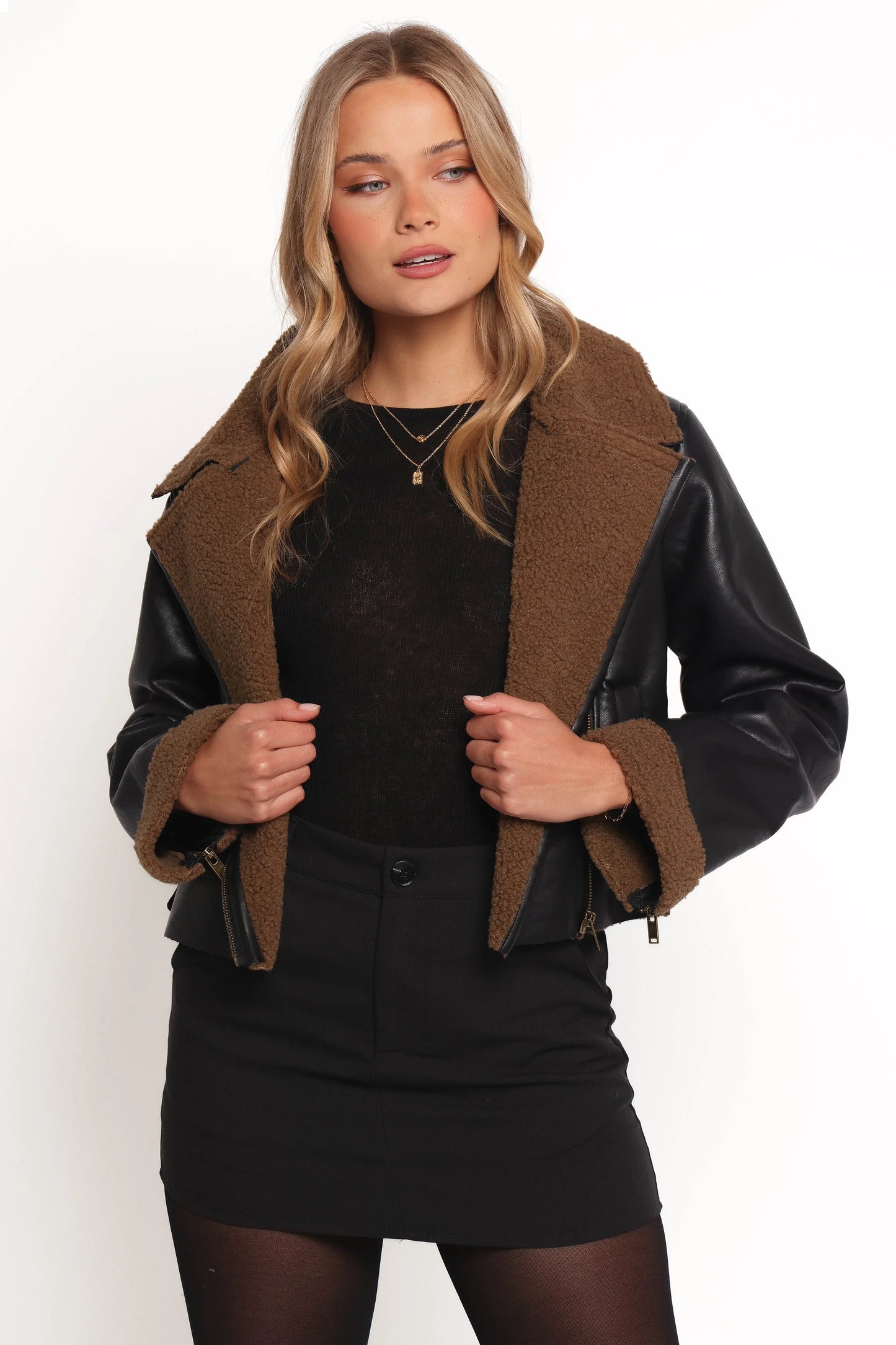 Folk Faux Leather Jacket Black Brown
