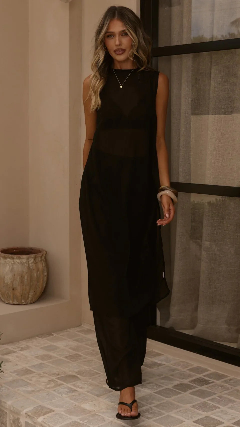 Zaire Long Line Sheer Top and Pants Set Black
