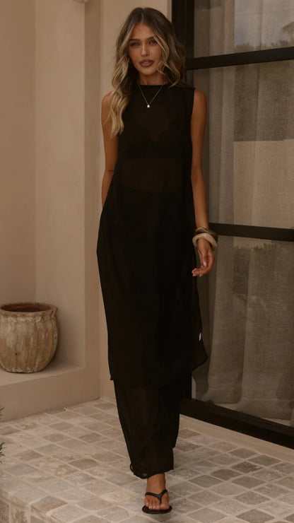Zaire Long Line Sheer Top and Pants Set Black