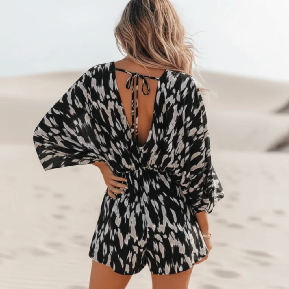 Boho V Neck Backless Lace Up Summer Romper