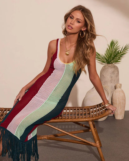Marrion Striped Open Knit Fringe Cover Up Maxi Dress