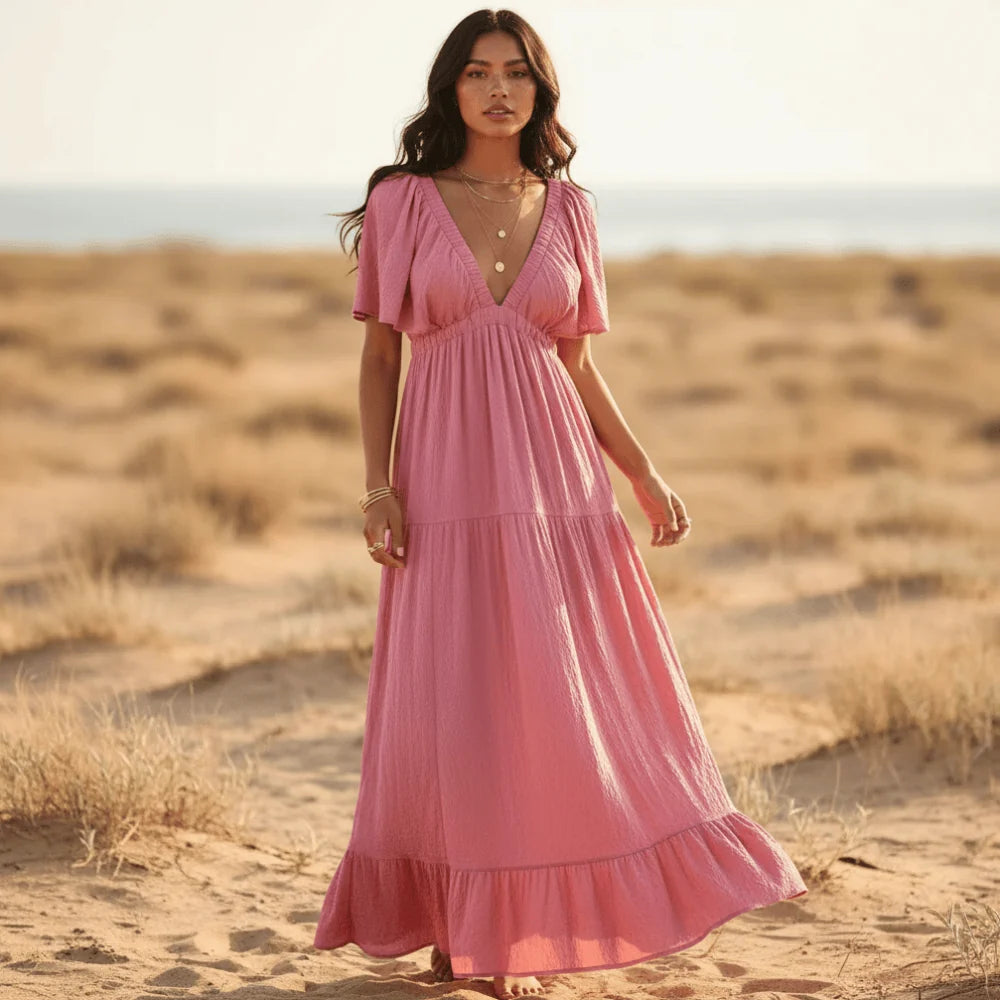Backless V Neck Short Sleeve Maxi Dress