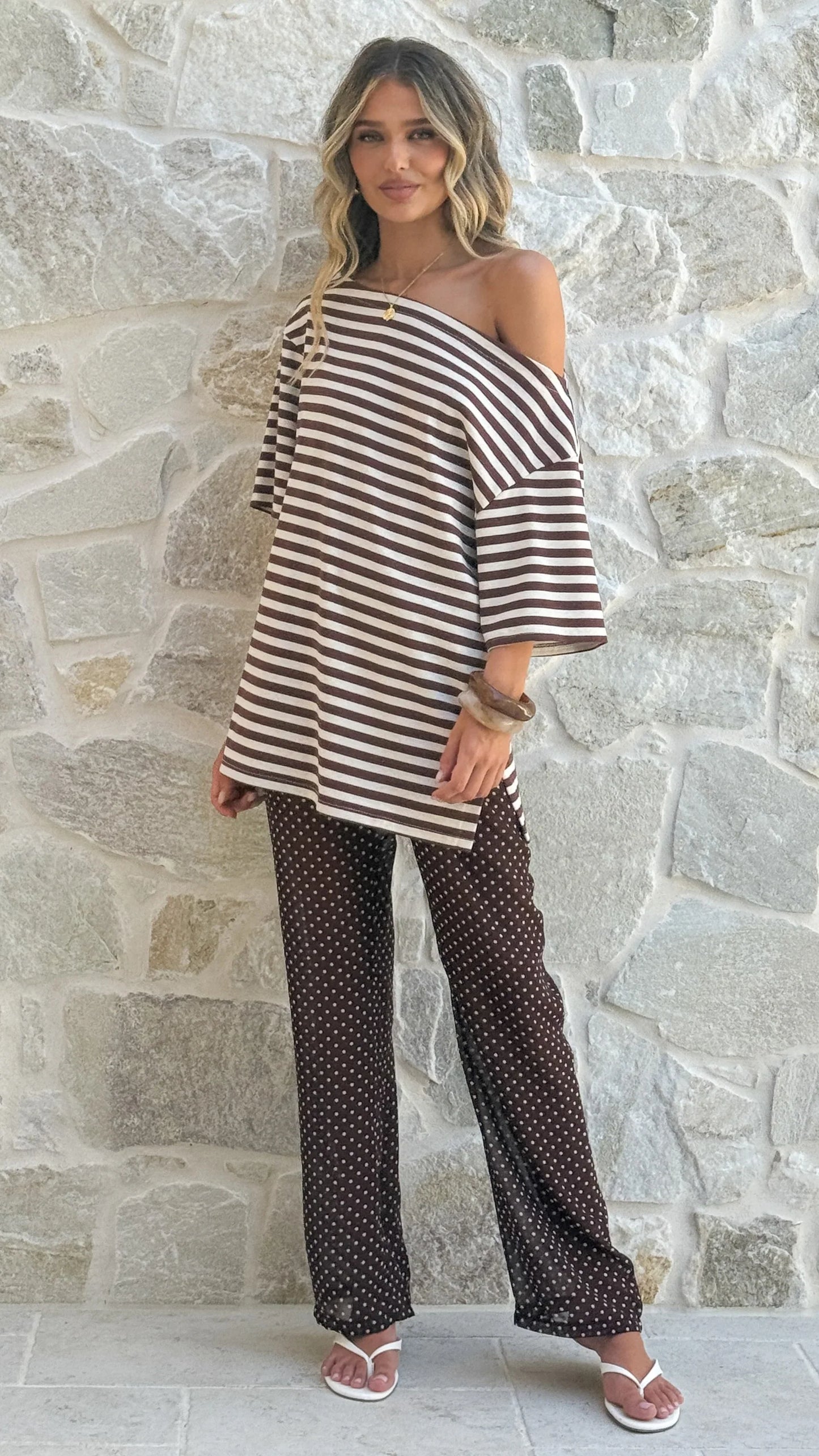 Reda Semi Sheer Pants Chocolate White Spot