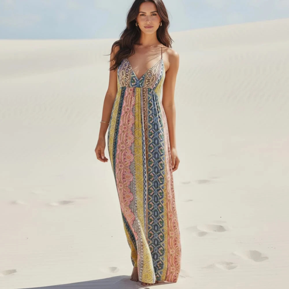 Sexy Deep V Neck Bohemian Print Maxi Dress