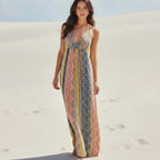 Sexy Deep V Neck Bohemian Print Maxi Dress