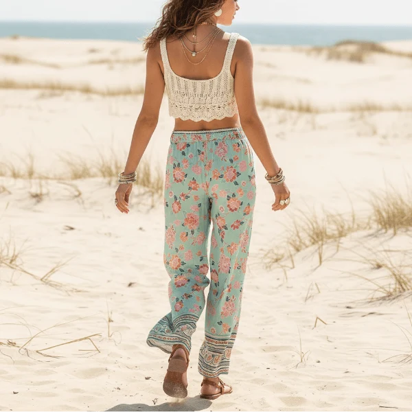 Seafoam Bloom Boho Wide Leg Pants
