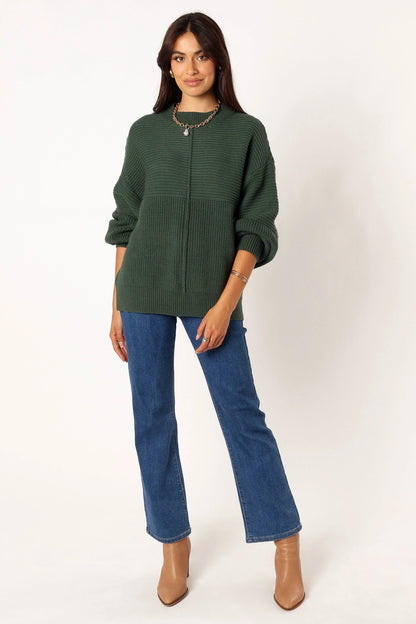 Meredith Ribbed Crewneck Knit Sweater Green
