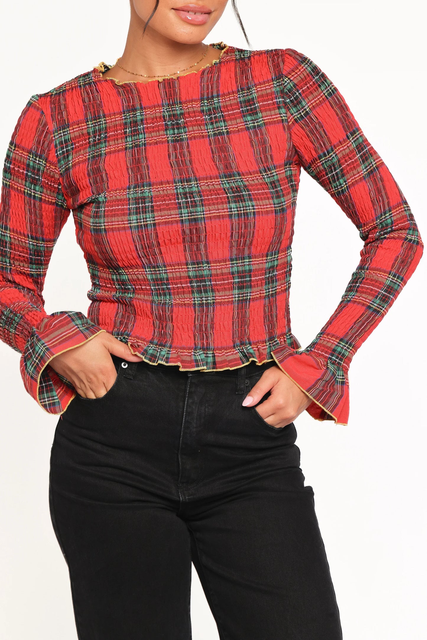 Lillee Ruched Top Red Plaid