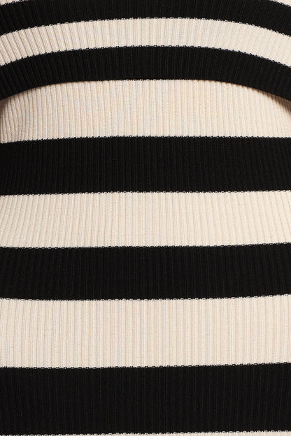 Banks Off Shoulder Knit Dress Black Cream Stripe