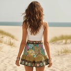 Green Boho Floral High Waist Drawstring Shorts with Pockets