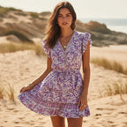 Boho Lilac Floral Print Mini Dress