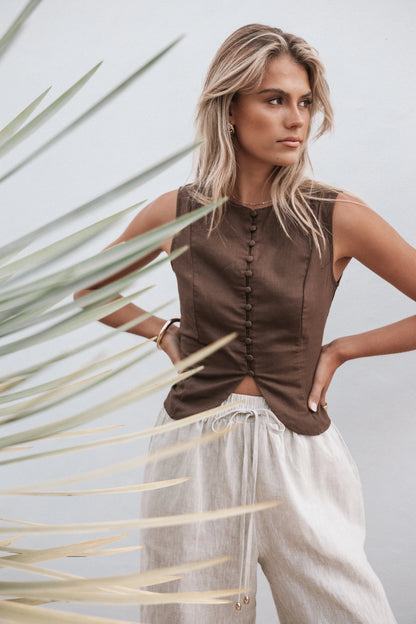 Daniella Linen Vest Chocolate Brown
