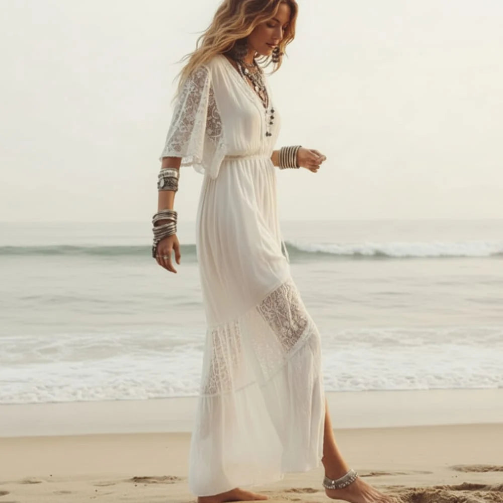 White Lace Beach Cover Up Maxi Dress