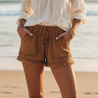 Boho Drawstring Frayed Denim Shorts