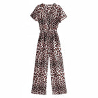 Boho Leopard Print Wide Leg Jumpsuit with Pockets