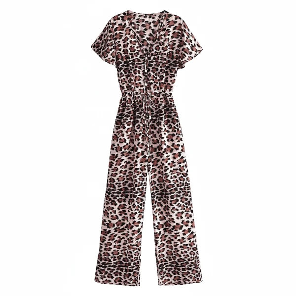 Boho Leopard Print Wide Leg Jumpsuit with Pockets