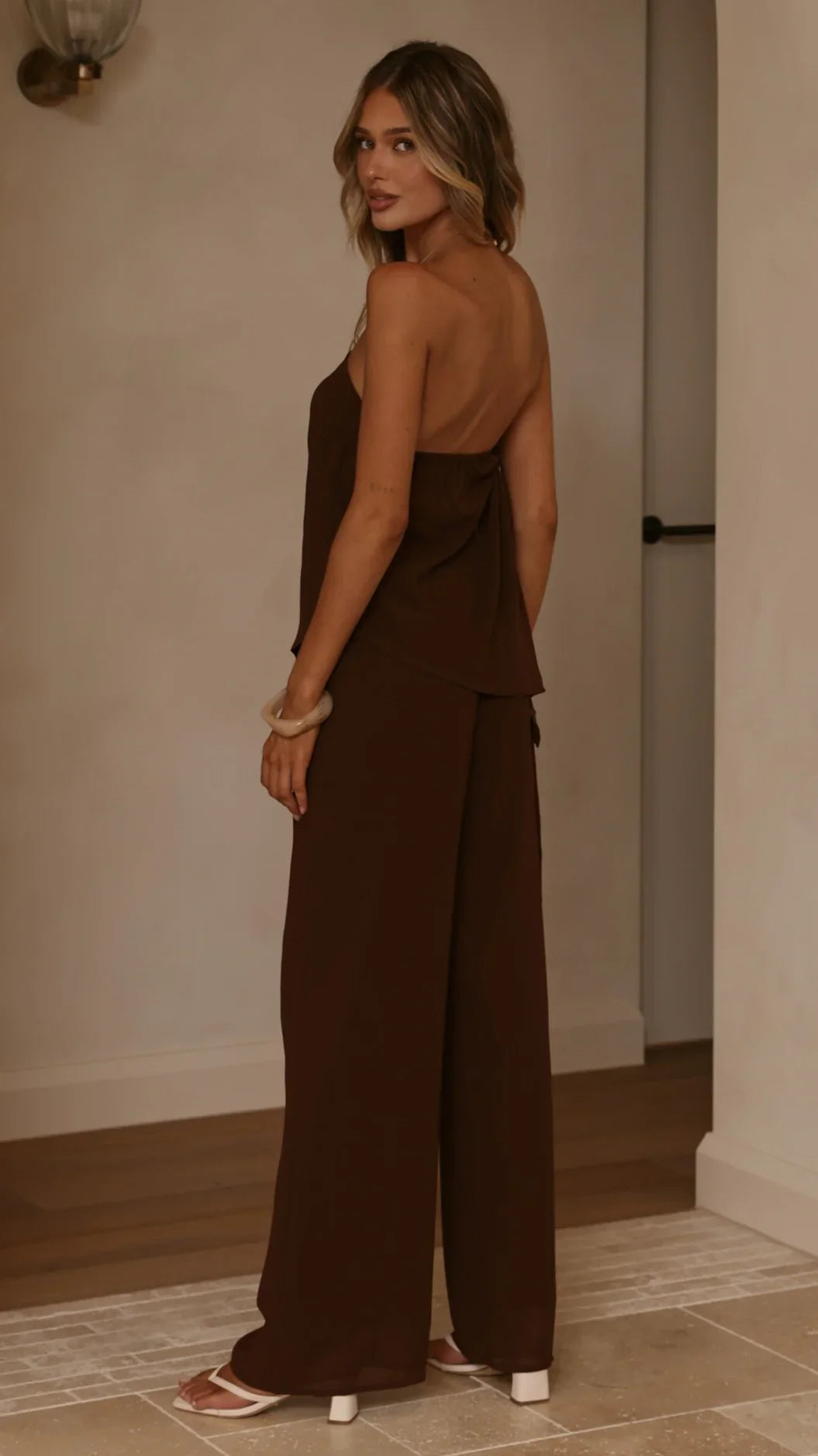 Zabrina Semi Sheer Strapless Top and Pants Set Chocolate