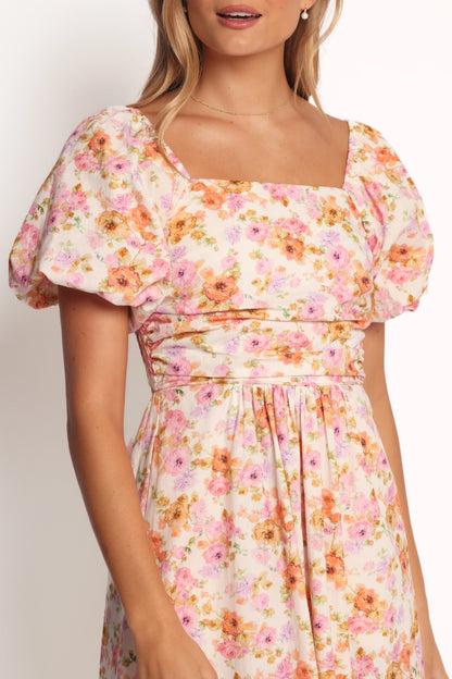 Clo Puff Sleeve Midi Dress Peach Floral