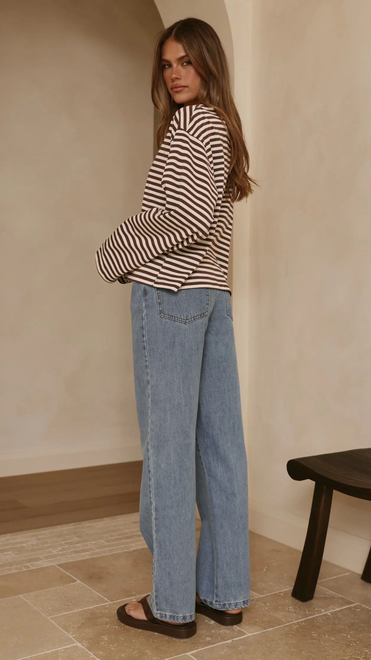Solana Long Sleeve Top Choc White Stripe