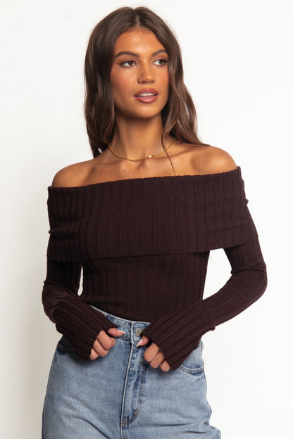 Inora Off Shoulder Knit Top Chocolate