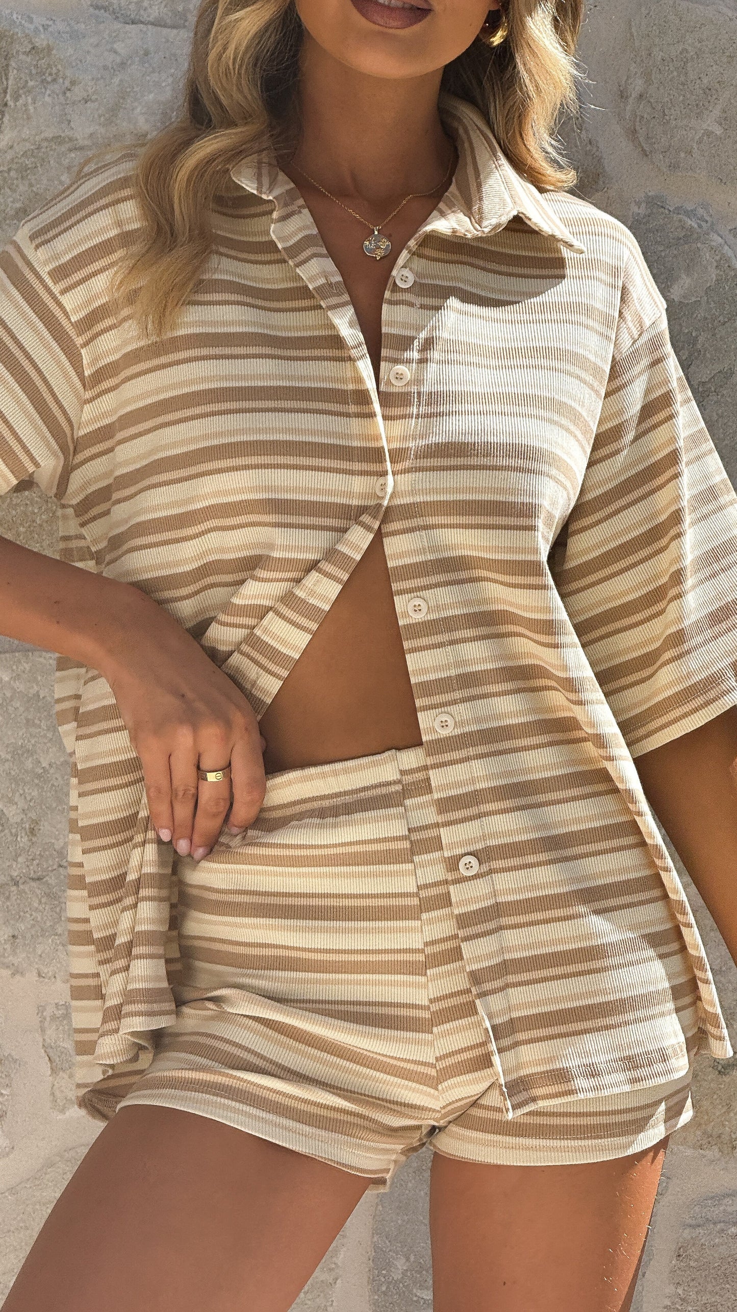 Sashi Button Up Shirt and Shorts Set Beige Stripe