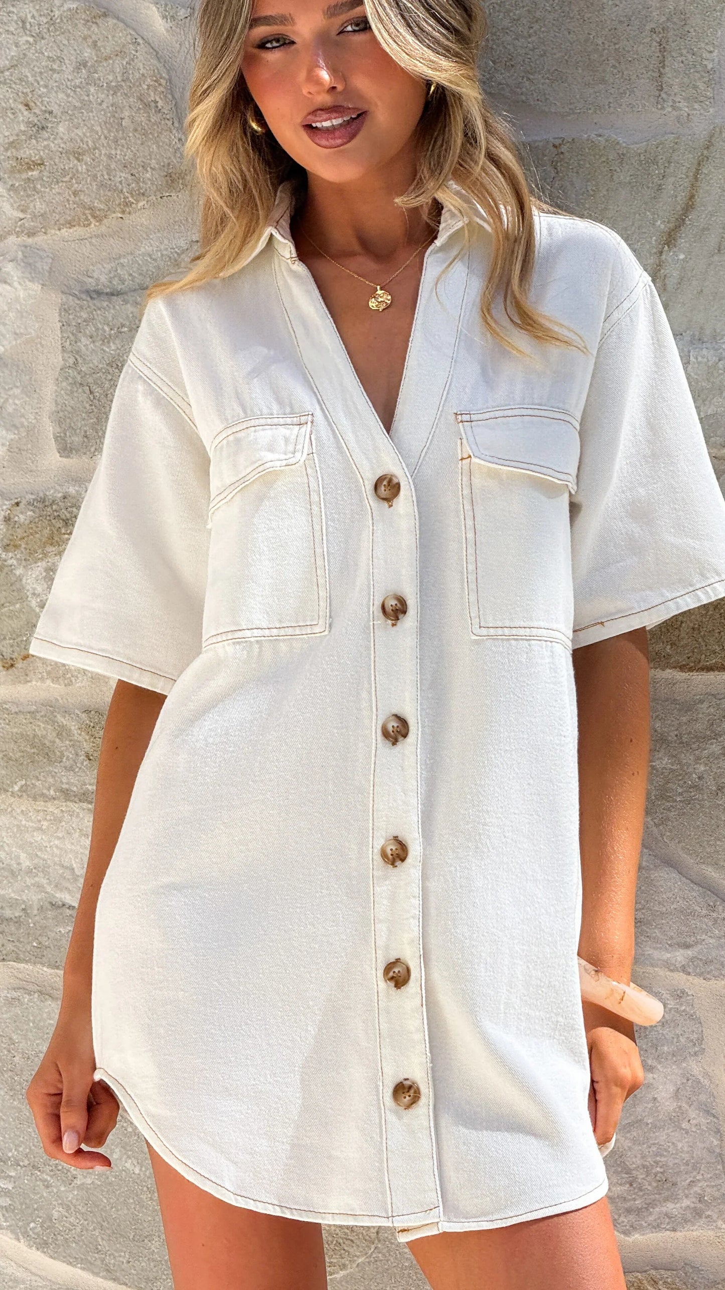 Maliha Button Up Mini Dress White Denim