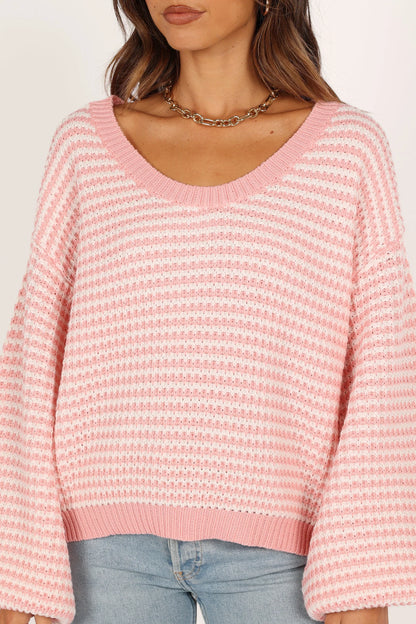 Becca Crewneck Waffle Stitch Stripe Knit Sweater Pink