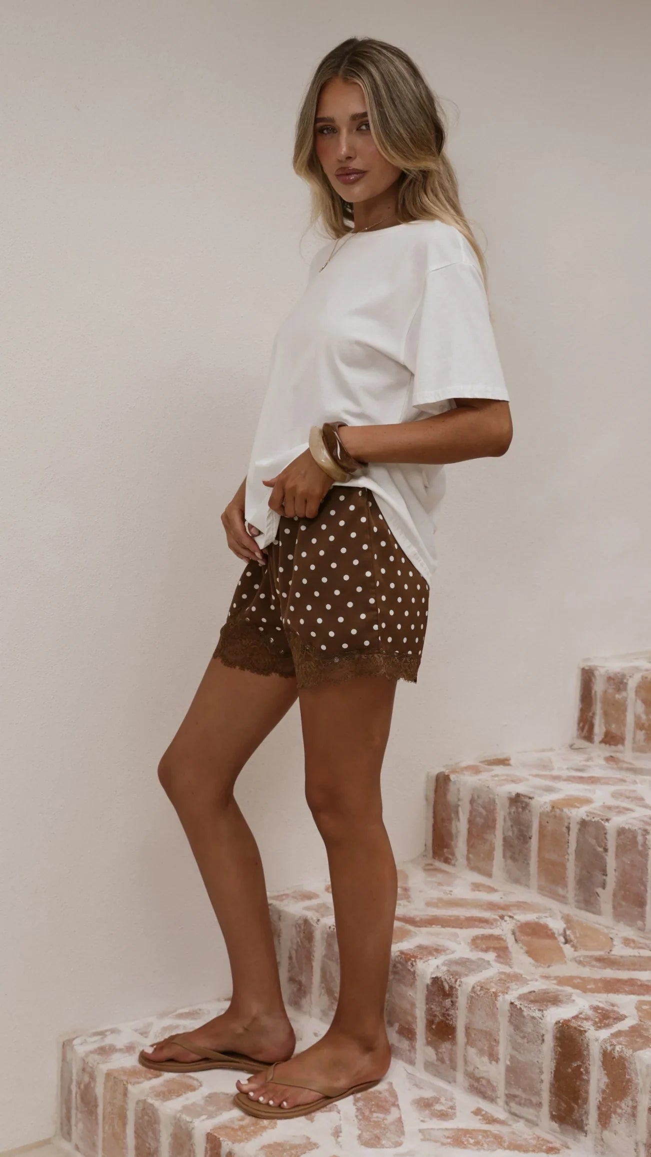 Makoa Lace Shorts Choc White Polka